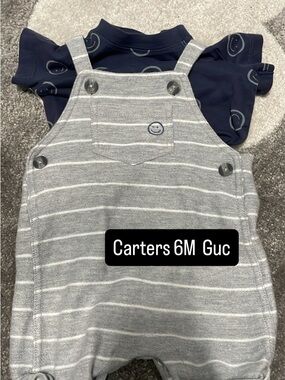 Carter's Navy Tee with Gray Striped Overalls